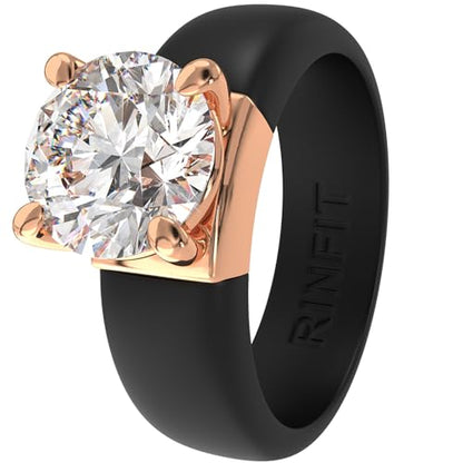 Rinfit Silicone Ring with Stone, Round Cut CZ | AAAAA Grade Cubic Zirconia, Solitaire Engagement Ring for Her, Flexible Rubber Wedding Band for Women, Patented Design - color: Pack D: Black / Rose Gold