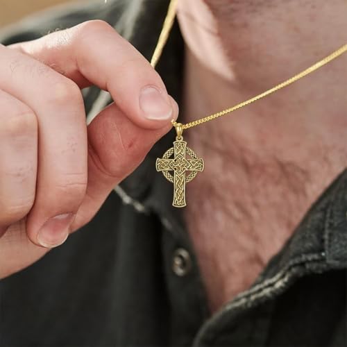 Celtic Cross Necklace For Men ，18K Gold Plated Celtic Cross Celtic Amulet Necklace Protection Jewelry Religious Gifts with 2.5mm 22"+2" Adjustable Rolo Chain - style: style4