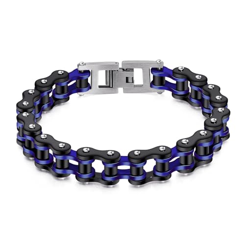 jonline24h Mens Womens Stainless Steel Motorcycle Biker Chain Heavy Bracelet Rock Link Wristband - color: Black Blue