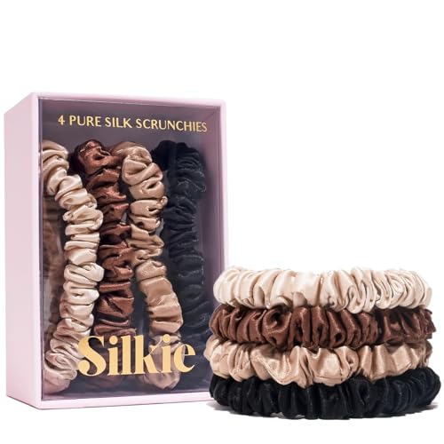 SILKIE x4 Set - Forget Satin - 100% Pure Mulberry Silk Black Brown Skinny Scrunchies Travel Pouch Everyday Hair Ties Elastics Hair Care Ponytail Holder No Damage (Chocolate) - color: Chocolate