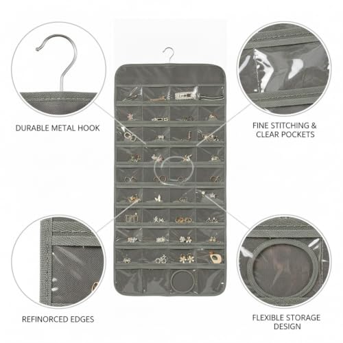 Hanging Jewelry Organizer, Vertical Closet Storage with Clear Pockets for Necklaces and Earrings, Polyester Roll-Up Bag (1 PC) - color: Gray