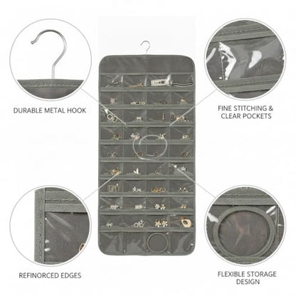 Hanging Jewelry Organizer, Vertical Closet Storage with Clear Pockets for Necklaces and Earrings, Polyester Roll-Up Bag (1 PC) - color: Gray