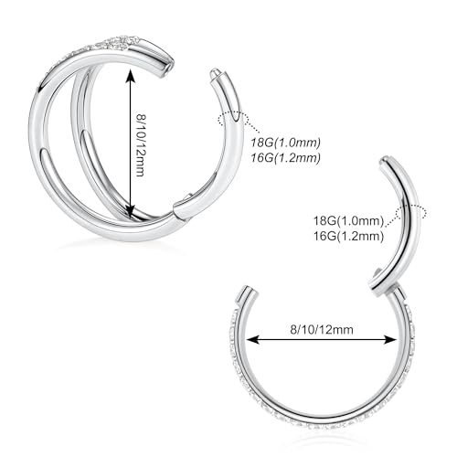 GAGABODY 2 Pcs Nose Rings 22G 20G 18G 16G 14G 12G 10G 8G Surgical Steel Piercing Rings for Nose Septum Cartilage Helix Tragus Conch Rook Daith Lobe from 5mm to 16mm Seamless Hoop Unisex Hinged Earrings - color: Silver-Single CZ+Double CZ
