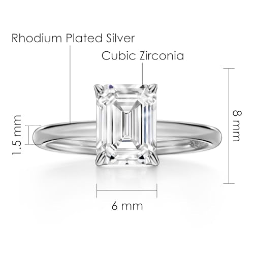Michooyel 925 Sterling Silver 2ct Cubic Zirconia Engagement Ring for Women, Emerald Cut CZ Solitaire Promise Rings 18K Gold/Rhodium Plated Rings Size 5-9 - color: Silver