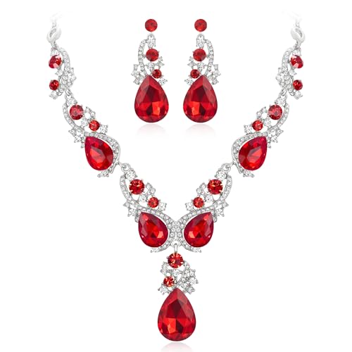 Women's Wedding Bridal Crystal Multi Teardrop Cluster Statement Necklace Dangle Earrings Set - color: 03-Ruby Color Silver-Tone