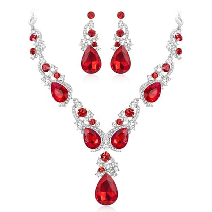 Women's Wedding Bridal Crystal Multi Teardrop Cluster Statement Necklace Dangle Earrings Set - color: 03-Ruby Color Silver-Tone