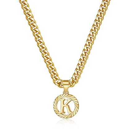 KissYan Initial Pendant Necklaces for Women Men | 14K Gold Filled/White Gold Plated, Hollow Round Letter Capital Monogram Charm with 5mm Cuban Chain, Alphabets from A-Z - color: Gold, style: K