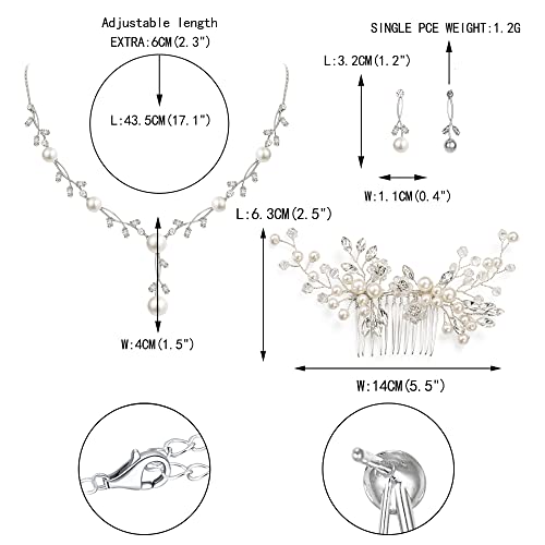 EVER FAITH Cubic Zirconia Pearl Leaf Vine Wedding Jewelry Set for Bride | Crystal Filigree Bridal Necklace Earrings, for Women Bridesmaid - color: 3pcs_Hair Comb