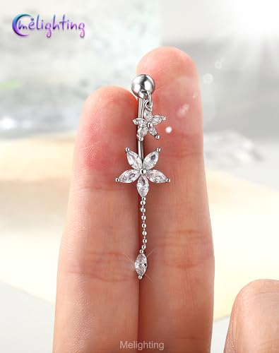 Melighting 14G Lotus Belly Button Ring Dangle Navel Ring Surgical Steel | 316L Reverse Belly Piercing Jewelry AAA Cubic Zircon, 10 mm Silver Gold Double Flower Barbell Bar Body Jewellery for Women - color: Steel Lotus