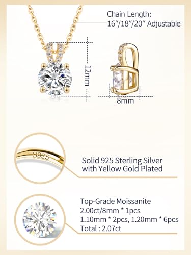 CYW Genuine Sapphire/Emerald/Ruby/Moissanite Necklace for Women, Really Authentic Solid 925 Sterling Silver, 16"/18"/20" Adjustable Chain, Anniversary Mother's Day Valentines Gift - color: Small Round - Yellow Gold, size: 8mm