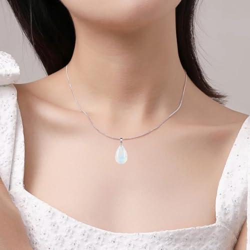 iSTONE 925 Sterling Silver Natural Crytral for Womens Pendant Necklace, Gemstone Birthstone with 17.8" Silver Chain Ladies - color: Moon Stone-teardrop