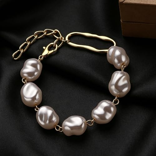 Baroque Pearl Bracelet for Women Elegant Gold Plated Irregular Chunky Pearls Bracelets Summer Starfish Seashell Conch Cuff Bracelets Jewelry for Vacation - color: gold white