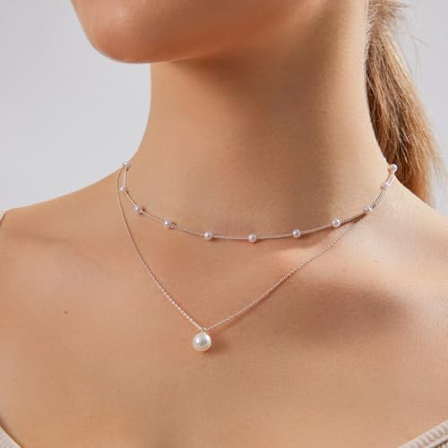 HERIER Gold Jewelry Set for Women - Dainty 14K Gold/Silver Plated Pearl Choker Necklace, Drop Earrings & Bracelets - Wedding Trendy Pearl Jewelry Gift - color: Satellite Pearl Set-Silver