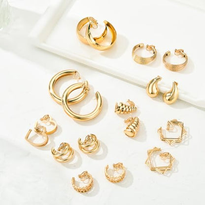 15 Pairs Gold Clip on Earrings for Women Fashion,Lightweight Fake Earrings Set - style: Style D