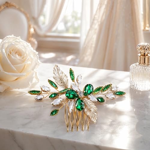 Emerald Green Hair Accessories for Women Crystal Leaf Bridal Side Comb Wedding Hair Piece with Gold Tone Design Elegant Clip for Prom Party Bridesmaid Formal Events