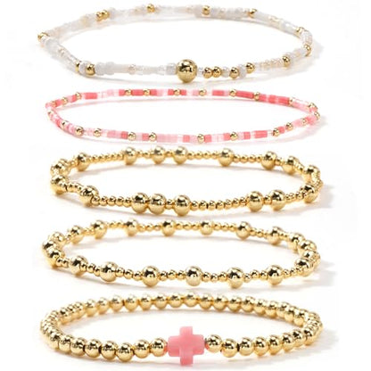 Colorful Gold Plated Stackable Ball Seed Beaded Bracelets Set For Women, Boho Handmade Romantic Stretch Accessories Jewelry, Daily Wear Holiday Party Friendship Gift - color: Pink Cross