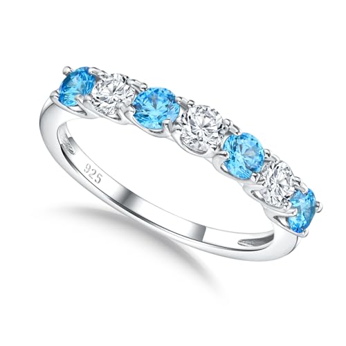 3.5mm Stackable Rings S925 Sterling Silver Created Birthstone & Cubic Zirconia Ring for Women Wedding Bands Anniversary Birthday Jewelry Size 6 to 10(with Box) - color: 12-Created Blue Topaz & CZ-Dec