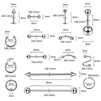 Oveta 150-151PCS Body Piercing Jewelry Lot 14G 16G 20G Stainless Steel Nose Lip Tongue Cartilage Tragus Eyebrow Industrial Barbell Belly Button Rings Piercing Kit Jewelry - style: 150pcs-Mixed Color