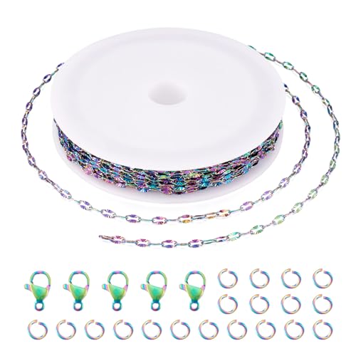 5M/5Yard Stainless Steel Lip Chains Rainbow Color Dapped Chains 2mm Link Chain Necklace Chain Spool for Summer Bracelet Choker Jewelry Making with Lobster Claw Clasps Jump Rings - color: Rainbow Color, size: 2mm