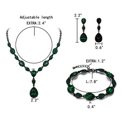 EleQueen Women's Wedding Bridal Jewelry Sets for Brides Bridesmaids, Cubic Zirconia Teardrop Necklace Tennis Bracelet Dangle Earrings Jewellery Set - color: 11-Emerald Color Black-Tone