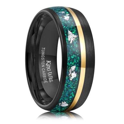 King Will Black Tungsten Rings for Men Hammer Wedding Band | Black, Grooved, Hammer Wedding Band Gold Groove, Sand Inlay, Everyday Wear - color: Green Opal & Silver Foil