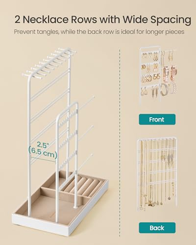 SONGMICS Necklace Holder, Jewelry Stand Holder Organizer, Jewelry Display with Metal Frame, Velvet Tray, Earring Bracelet Holder, for Gift Idea, 5.5 x 9.4 x 14.1 inch, Matte White UJJS028W01 | Necklace Earring Bracelet Holder, for Studs, Rings, Gift Idea,