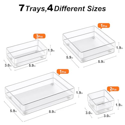 SMARTAKE 7 PCS Drawer Organizer, 4-Size Desk Drawer Organizer Trays | Storage Tray with Non-Slip Silicone Pads for Makeup, Jewelries, Utensils in Bedroom Dresser, Office and Kitchen (Clear) - style: 7 PCS