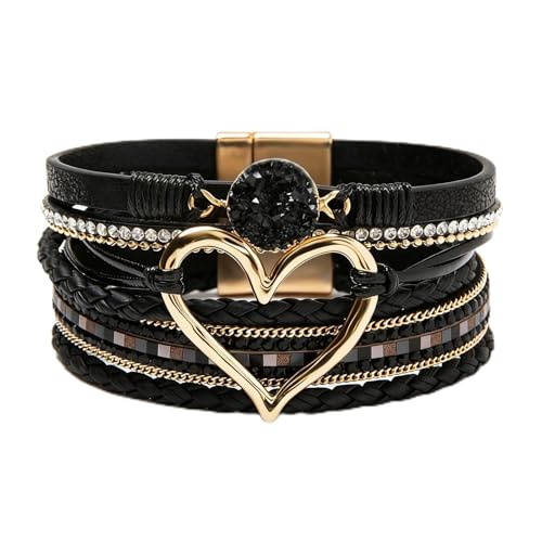 Leather Wrap Bracelets for Women, Boho Leopard Multi-Layer Crystal Beads Cuff Jewelry - color: J-Warp-018