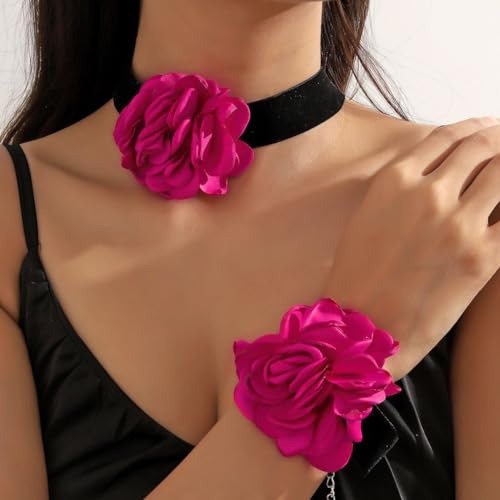 Rose Black Velvet Floral Choker Necklace - Camellia Daisy Rosette - Spring Summer Flower Jewelry - color: Hot Pink