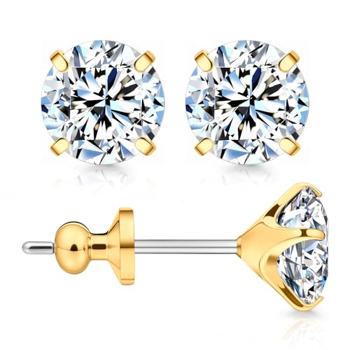 Limerencia Moissanite Stud Earrings, F136 Titanium Screw Back Earrings, D Color VVS1 Clarity Lab-created Moissanite Earrings, Hypoallergenic G23 Pure Titanium for Women Men Sensitive Ears - color: Gold B, size: 6mm