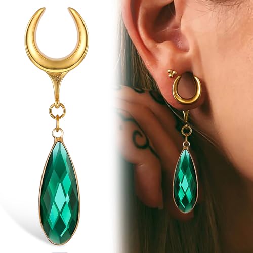 1 Pair Saddle Gauges Earring with Green Crystal Stone Ear Dangle Plugs Tunnels 00G 6mm-25mm (0G-1") Body Piercing Jewelry - color: Gold-1569, size: 22 mm