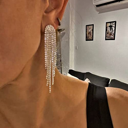 Luxval Rhinestone Earrings Dangling for Women Sparkly Silver Dangle Earrings Girls Long Chandelier Earrings Tassel Lightweight Ear Studs Cubic Zirconia Crystal Statement - color: Silver-Round Tassel Crystal