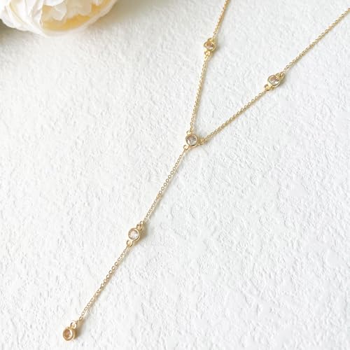 HERIER Lariat Gold Necklace for Women, Dainty Long Necklace 14k Gold Plated/Silver Y-Shaped Layered Beaded Chain Drop Necklaces for Women Trendy Simple Gold Jewelry for Women Gifts - color: Y-5CZ-Gold