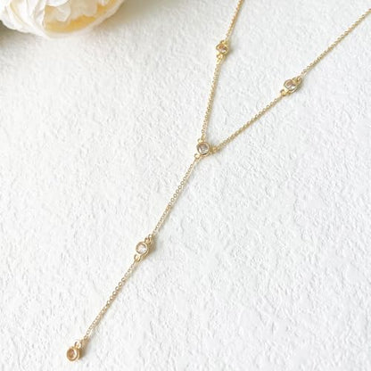 HERIER Lariat Gold Necklace for Women, Dainty Long Necklace 14k Gold Plated/Silver Y-Shaped Layered Beaded Chain Drop Necklaces for Women Trendy Simple Gold Jewelry for Women Gifts - color: Y-5CZ-Gold