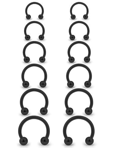 20G-00G Septum Rings Ear Gauges Earrings Stretching Kit 316L Surgical Steel Horseshoe Septum Pa Piercing Jewelry for Women 10mm 12mm 14mm 16mm - color: Black, size: 16G-Inner Dia:6mm 8mm 10mm 12mm 14mm 16mm