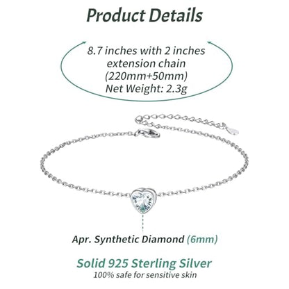 ChicSilver 925 Sterling Silver Anklets for Women, Simple Dainty Round/Heart Birthstone Ankle Bracelet Beach Foot Jewelry, 8.7-10.7 Inch Adjustable - color: 04. Heart - April(Diamond)