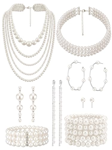 BBTO 8 Pcs Pearl Necklace and Earring Set for Women Faux Pearl Bracelet Costume Jewelry Set for Wedding Bridal Shower Party - style: Chic Style
