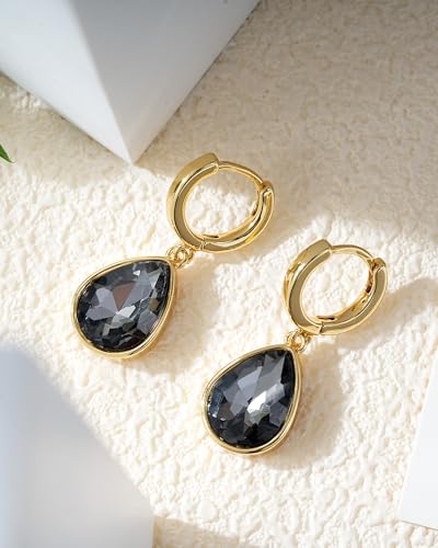 Crystals Teardrop Dangle Drop Earrings, 18K Gold Plated Hoop Earrings Zirconia Jewelry for Women Gifts - color: Grey