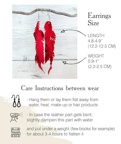 Leather Feather Earrings, Suede layered earrings, boho wedding jewelry, summer earrings, gift for her, dangle earrings - color: red