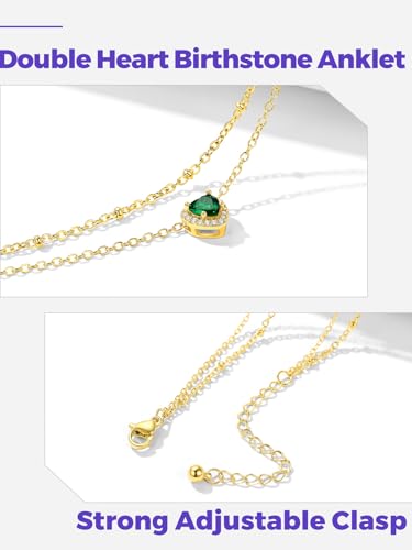 Richsteel Double Layer Heart/Butterfly Birthstone Anklet for Women | Non Tarnish Waterproof, Silver/Gold/Black Stainless Steel 8.5-10.5 Inch Adjustable Chain Anklets Summer Beach Foot Jewelry - color: Gold Heart-05 May(Emerald)