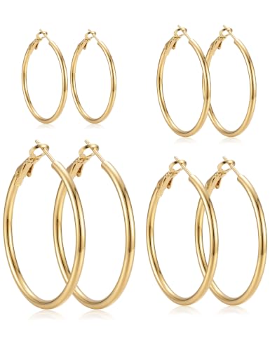 4/5/6 Pairs Gold Hoop Earrings for Women, Hypoallergenic Silver Gold Plated Stainless Steel Huggie Hoop Earrings Set Trendy Jewelry Gifts Lightweight 30/40/50/60/70MM - color: 4 Pairs gold Plated Hoop Earrings-30/40/50/60mm