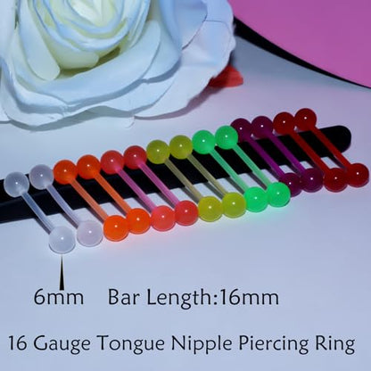 14G Plastic Tongue & Nipple Piercing Jewelry Tongue Rings Nipple rings For Women Men Glow Dark Barbell Silicone acrylic tongue ring for Women Men 7 Colors Each in a Pair 16mm