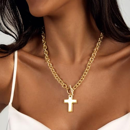 Zeffy 14K Gold/Silver Plated Chunky Thick Chain Toggle Clasp Necklace Dainty Baroque Pearl/Heart/Cross/Turquoise Pendant Necklace - color: Gold Big Cross Necklace