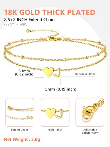 Ankle Bracelets for Women Waterproof 14K Gold/Silver/Black Initial Anklet for Women Dainty Layered Heart Ankle Bracelets Stainless Steel Adjustable Foot Chain Anklet Summer Beach Jewelry - color: J-Gold