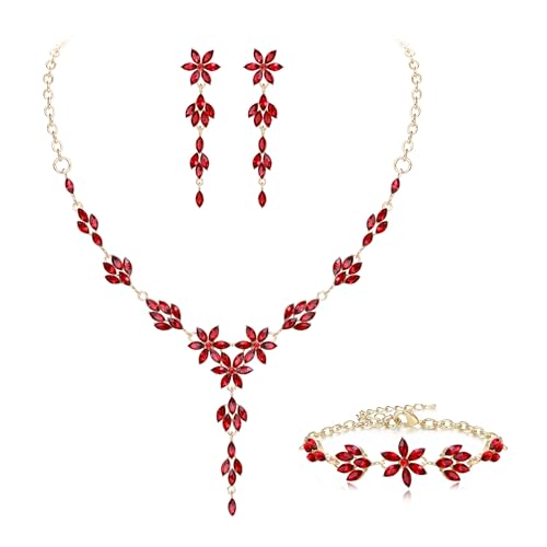 EVER FAITH Crystal Flower Wedding Prom Jewelry Set for Bride Bridesmaid | Rhinestone Costume Party Y-Shaped Necklace Dangle Earrings Bracelet, for Women - color: Red Gold-Tone