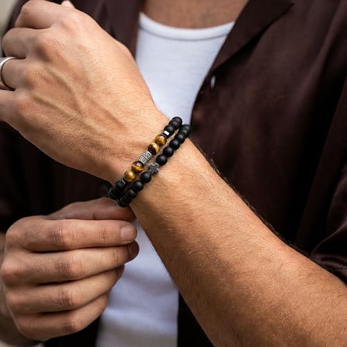 Flybar Men's 4 Piece Beaded Bracelet Set, Natural Lava Stone Black Onyx Matte Agate Tiger Eye, Stretchable Elastic Handmade Stackable - color: CK04 Cross Tiger eye 4
