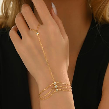 Gold Hand Chain Bracelet for Women 18K Gold Plated Stainless Steel Ring Bracelet Hand Chain with Pearl Star CZ Adjustable Hand Jewelry Chain Gifts - color: Y 3Layered CZ-Gold