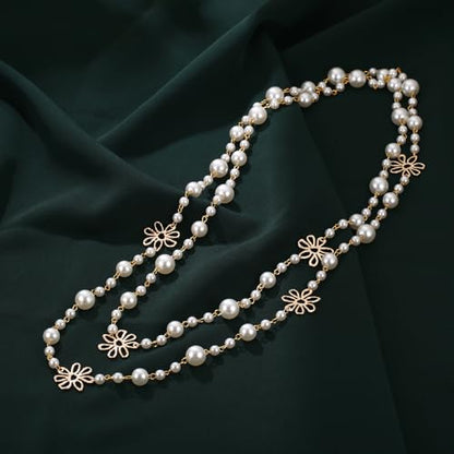 Simulated Pearl Strand Layered Necklace for Women, Multi Strand Long Necklace, Dainty Sweater Necklace for Party Costume Jewelry - style: Daisy