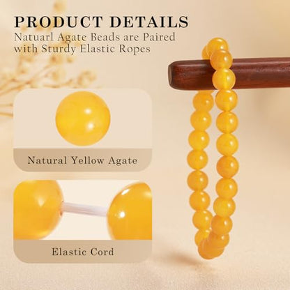 Agate Round Beaded Bracelet for Women Men Natural Agates Stone Healing Bracelets Stretch Elastic Handmade Polished Gemstone Beads Bracelet - color: Yellow, size: 8mm Beads