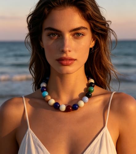 Chunky Beaded Necklace for Women 16mm Round Bead Resin Modern Statement Necklace Jewelry Accessories - color: colorful 03